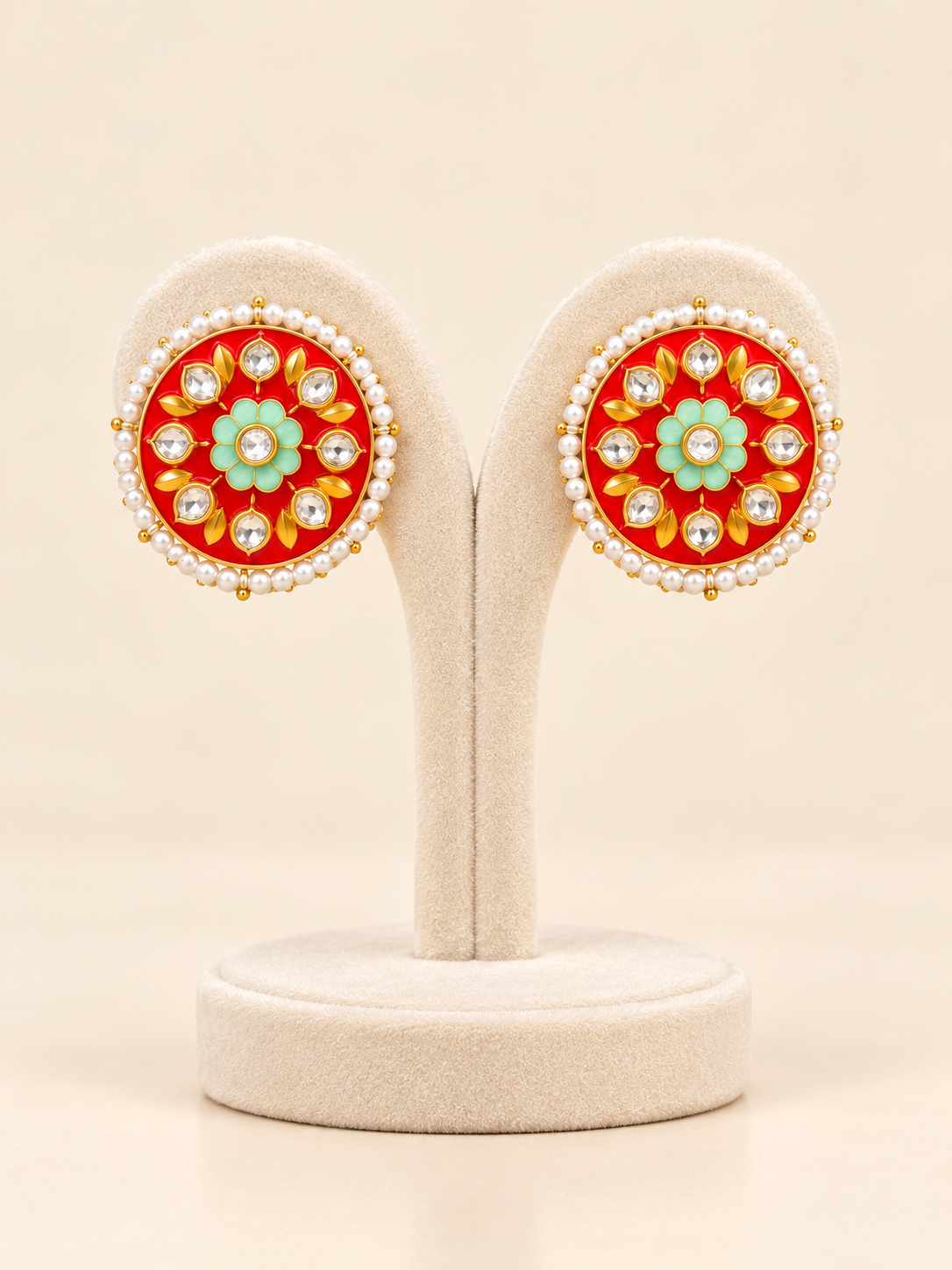 Red & Mint Green Floral Stud Earrings with Pearl-Style Border