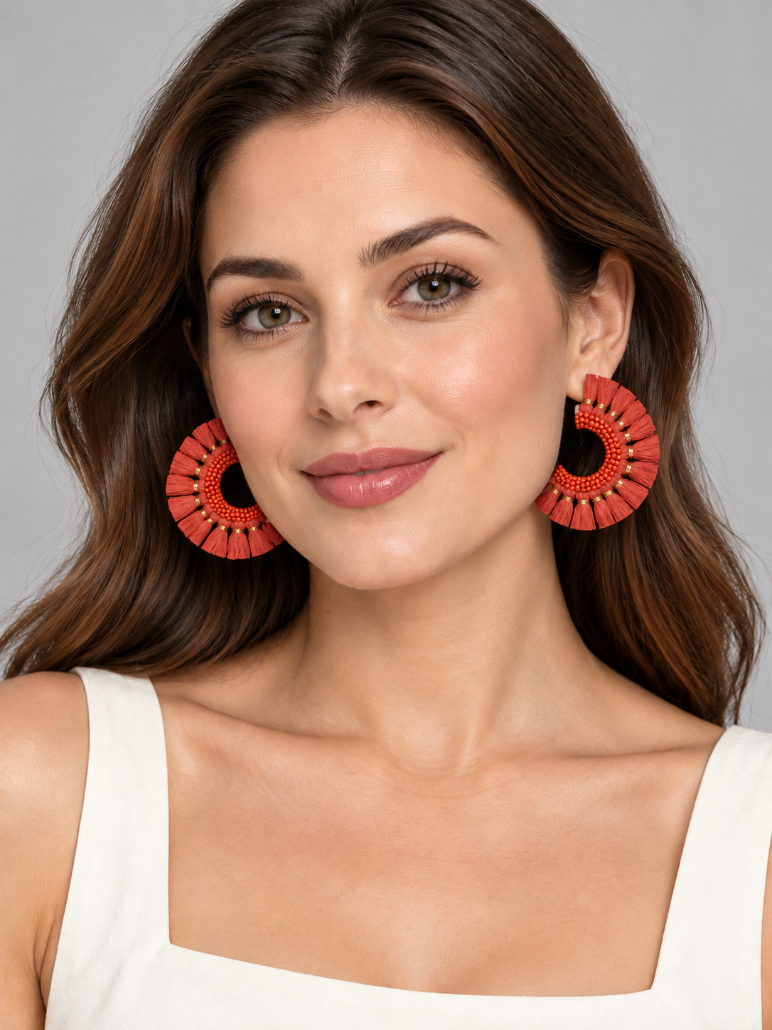 Terracotta Beaded Hoop Earrings with Tassel Fringe