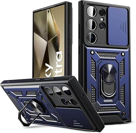 Tough Armor Back Cover for Samsung Galaxy S24 Ultra Case | Ring Holder & Sliding Camera Shield Cover | 360 Degree Protection Back Case Cover for Samsung Galaxy S24 Ultra Case (Blue) - Guleel
