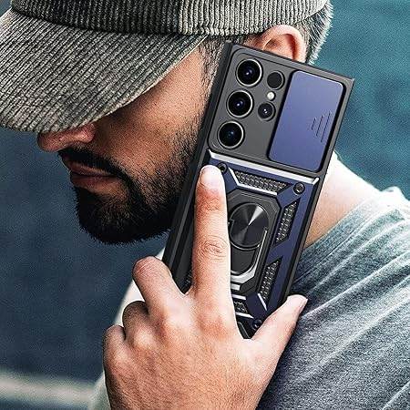 Tough Armor Back Cover for Samsung Galaxy S24 Ultra Case | Ring Holder & Sliding Camera Shield Cover | 360 Degree Protection Back Case Cover for Samsung Galaxy S24 Ultra Case (Blue) - Guleel