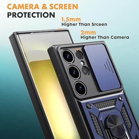 Tough Armor Back Cover for Samsung Galaxy S24 Ultra Case | Ring Holder & Sliding Camera Shield Cover | 360 Degree Protection Back Case Cover for Samsung Galaxy S24 Ultra Case (Blue) - Guleel