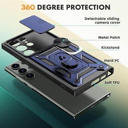 Tough Armor Back Cover for Samsung Galaxy S24 Ultra Case | Ring Holder & Sliding Camera Shield Cover | 360 Degree Protection Back Case Cover for Samsung Galaxy S24 Ultra Case (Blue) - Guleel