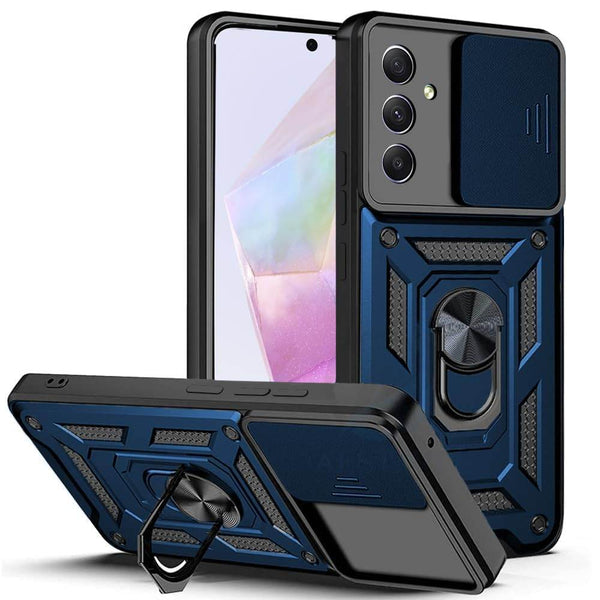 Tough Armor Back Cover for Samsung Galaxy S24 FE Bumper Back Case | Ring Holder & Sliding Camera Shield Cover | 360 Degree Protection Back Case Cover for Samsung Galaxy S24 FE Case (Blue) - Guleel