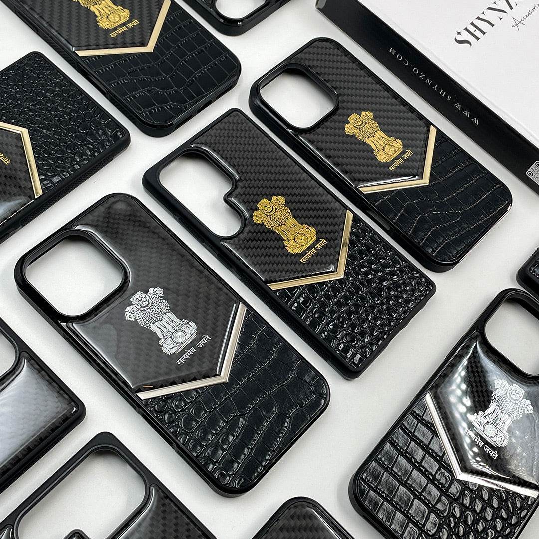 Premium Leather 3D Blocks Engraving Carbon Fibre Back Cover - Black - Guleel