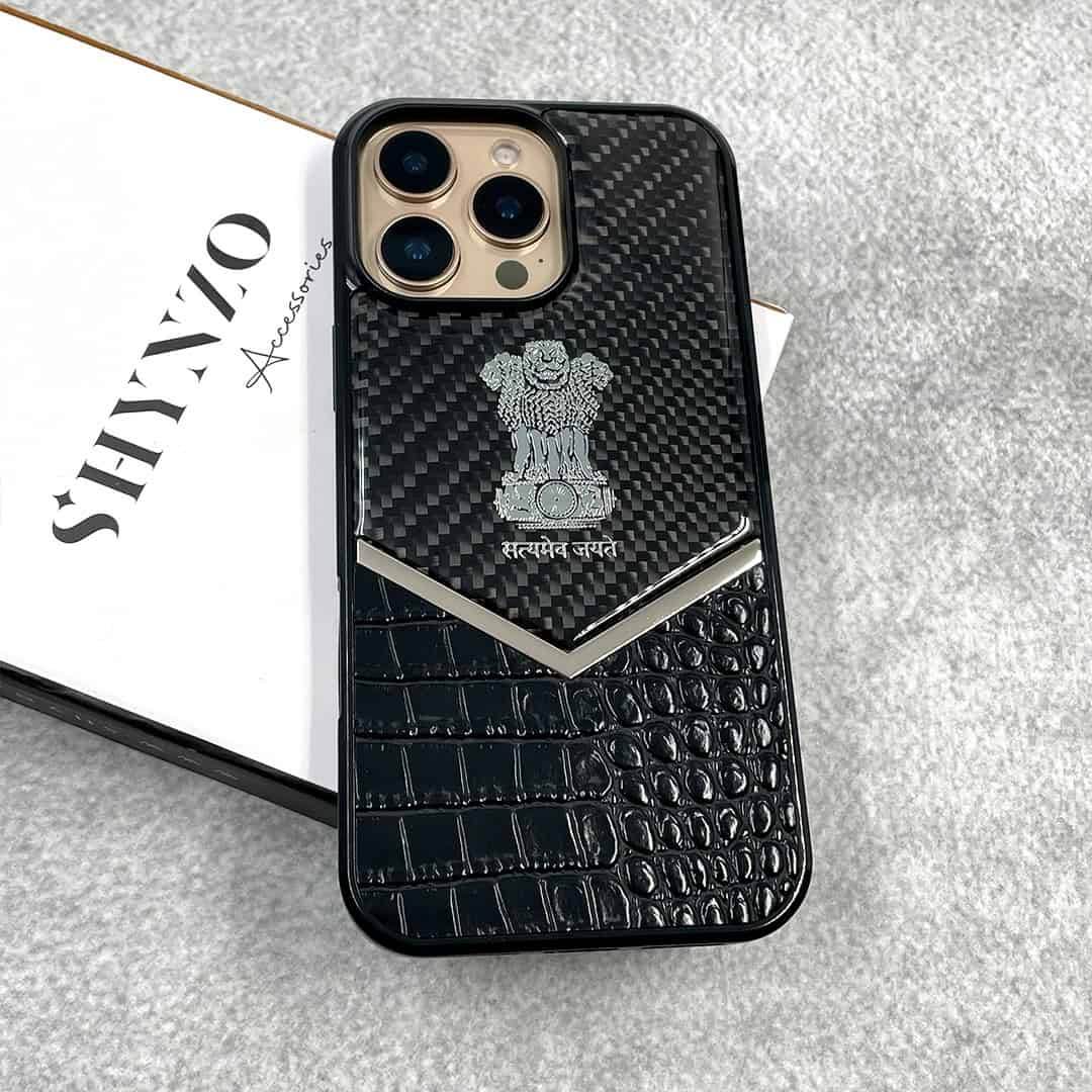 Premium Leather 3D Blocks Engraving Carbon Fibre Back Cover - Black - Guleel