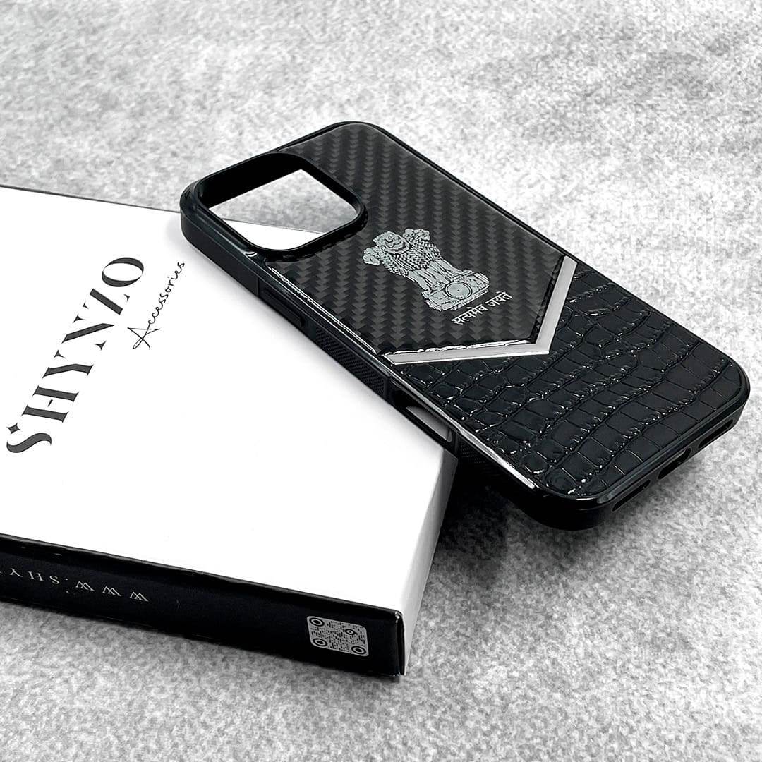Premium Leather 3D Blocks Engraving Carbon Fibre Back Cover - Black - Guleel