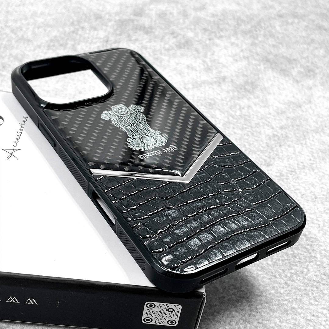 Premium Leather 3D Blocks Engraving Carbon Fibre Back Cover - Black - Guleel