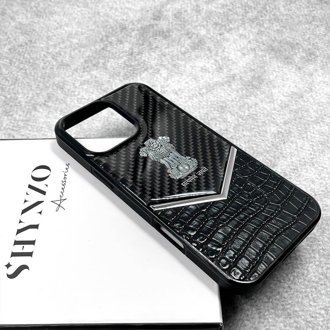 Premium Leather 3D Blocks Engraving Carbon Fibre Back Cover - Black - Guleel