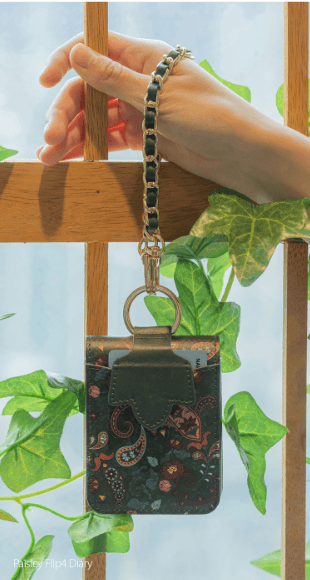 Galaxy Z Flip 3 Premium Flower Style Cross Body Bag Long Strap Card Holder Flip Cover - Green - Guleel