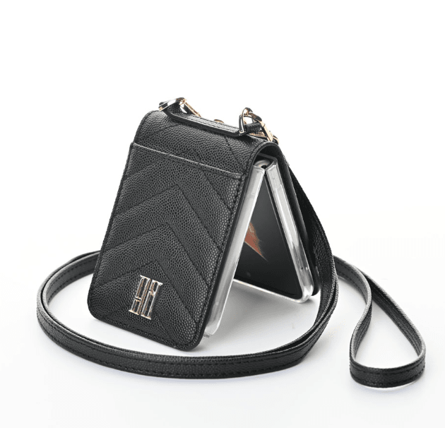 Galaxy Z Flip 4 Premium Leather Cross Body Bag Long Strap Card Holder Flip Cover - Black - Guleel