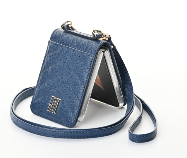 Galaxy Z Flip 3 Premium Leather Cross Body Bag Long Strap Card Holder Flip Cover - Blue - Guleel