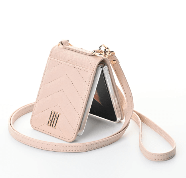 Galaxy Z Flip 3 Premium Leather Cross Body Bag Long Strap Card Holder Flip Cover - Rose Gold - Guleel