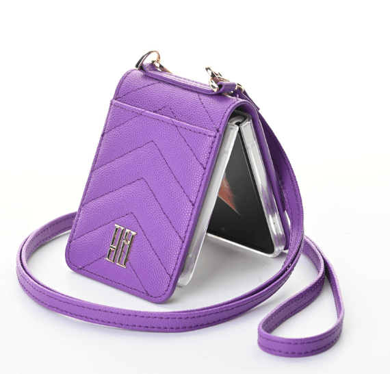 Galaxy Z Flip 3 Premium Leather Cross Body Bag Long Strap Card Holder Flip Cover - Lavender - Guleel