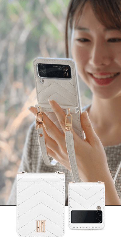 Galaxy Z Flip 4 Premium Leather Cross Body Bag Long Strap Card Holder Flip Cover - White - Guleel