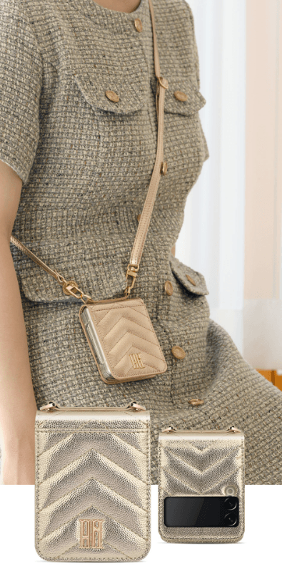 Galaxy Z Flip 4 Premium Leather Cross Body Bag Long Strap Card Holder Flip Cover - Silver - Guleel