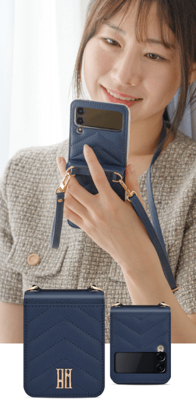 Galaxy Z Flip 3 Premium Leather Cross Body Bag Long Strap Card Holder Flip Cover - Blue - Guleel