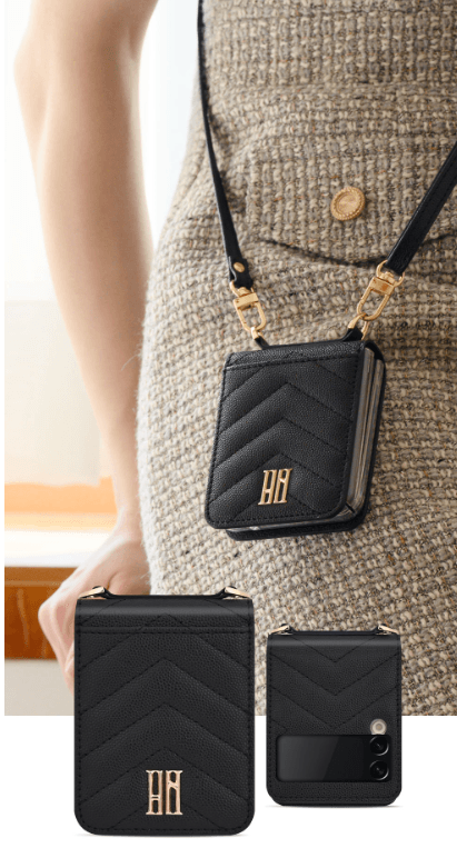 Galaxy Z Flip 5 Premium Leather Cross Body Bag Long Strap Card Holder Flip Cover - Black - Guleel