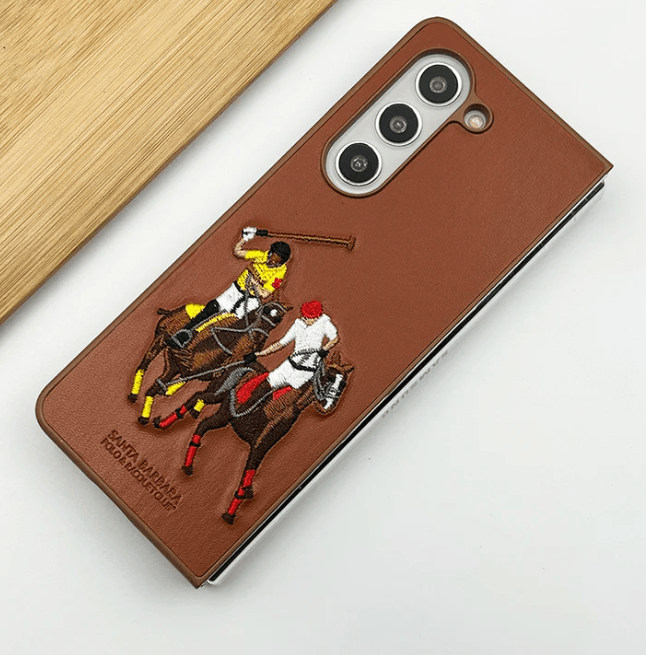 Samsung Galaxy Z Fold 5 Premium Polo Santa Barbara Stitched Case - Brown - Guleel
