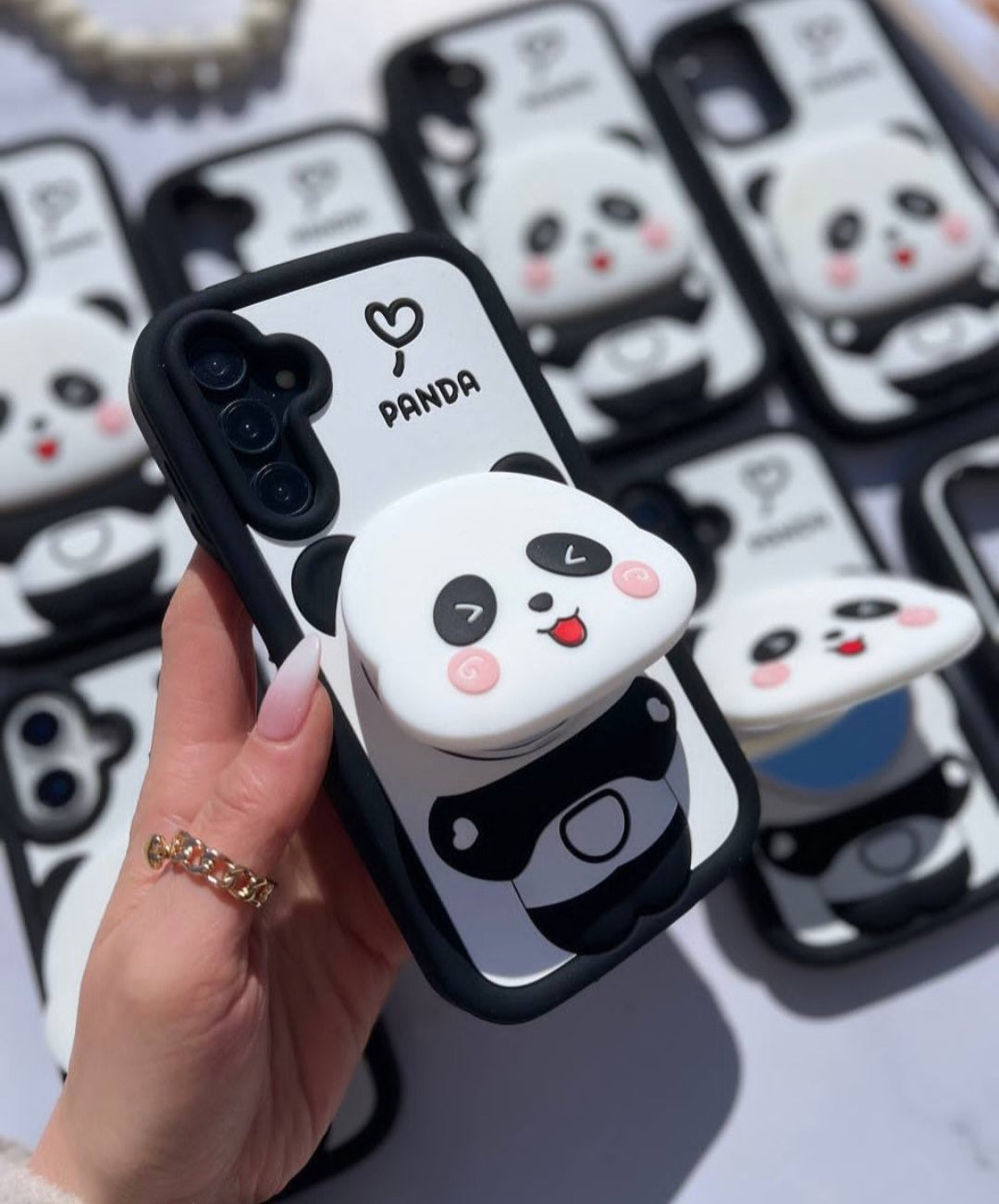 3D Cute Cartoon Panda Silicone Cover with Mirror Stand Case - Black