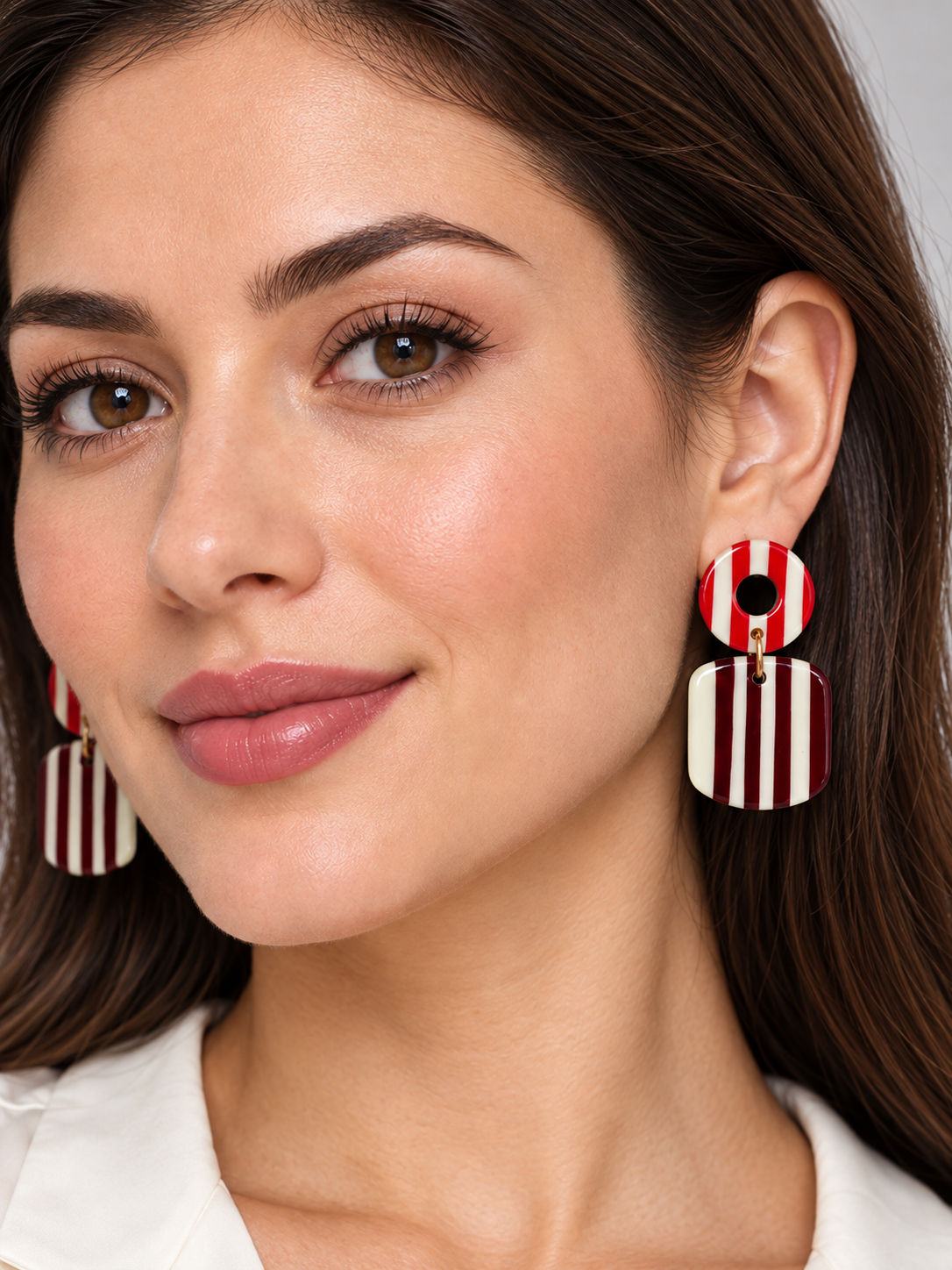 Red, Burgundy & Ivory Striped Geometric Drop Earrings