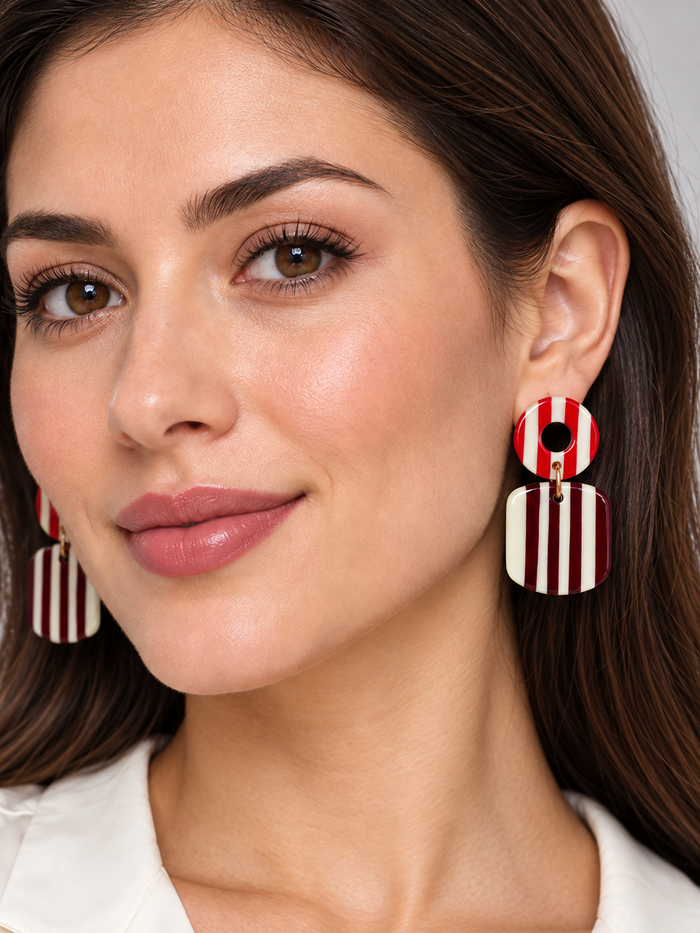 Red, Burgundy & Ivory Striped Geometric Drop Earrings