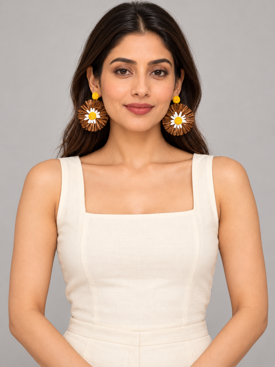 Brown Raffia-Style Daisy Statement Earrings