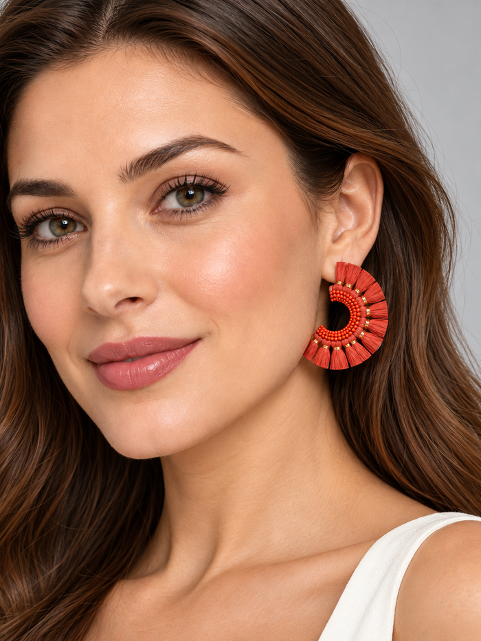 Terracotta Beaded Hoop Earrings with Tassel Fringe