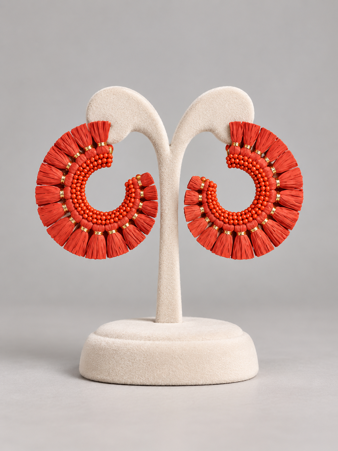 Terracotta Beaded Hoop Earrings with Tassel Fringe