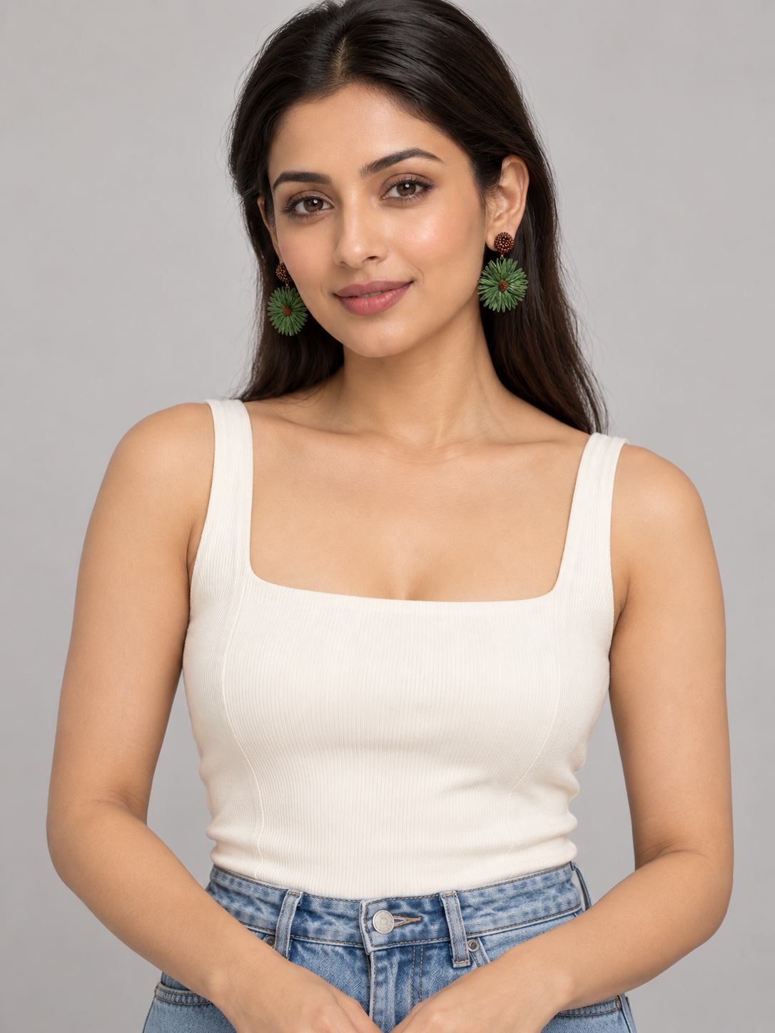 Forest Green Raffia-Style Daisy Drop Earrings