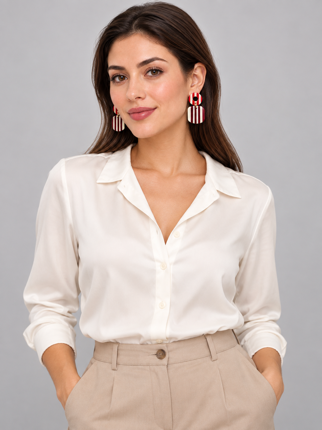 Red, Burgundy & Ivory Striped Geometric Drop Earrings