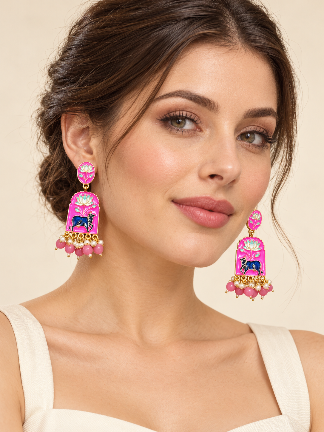 Hot Pink Lotus & Cow Motif Beaded Drop Earrings