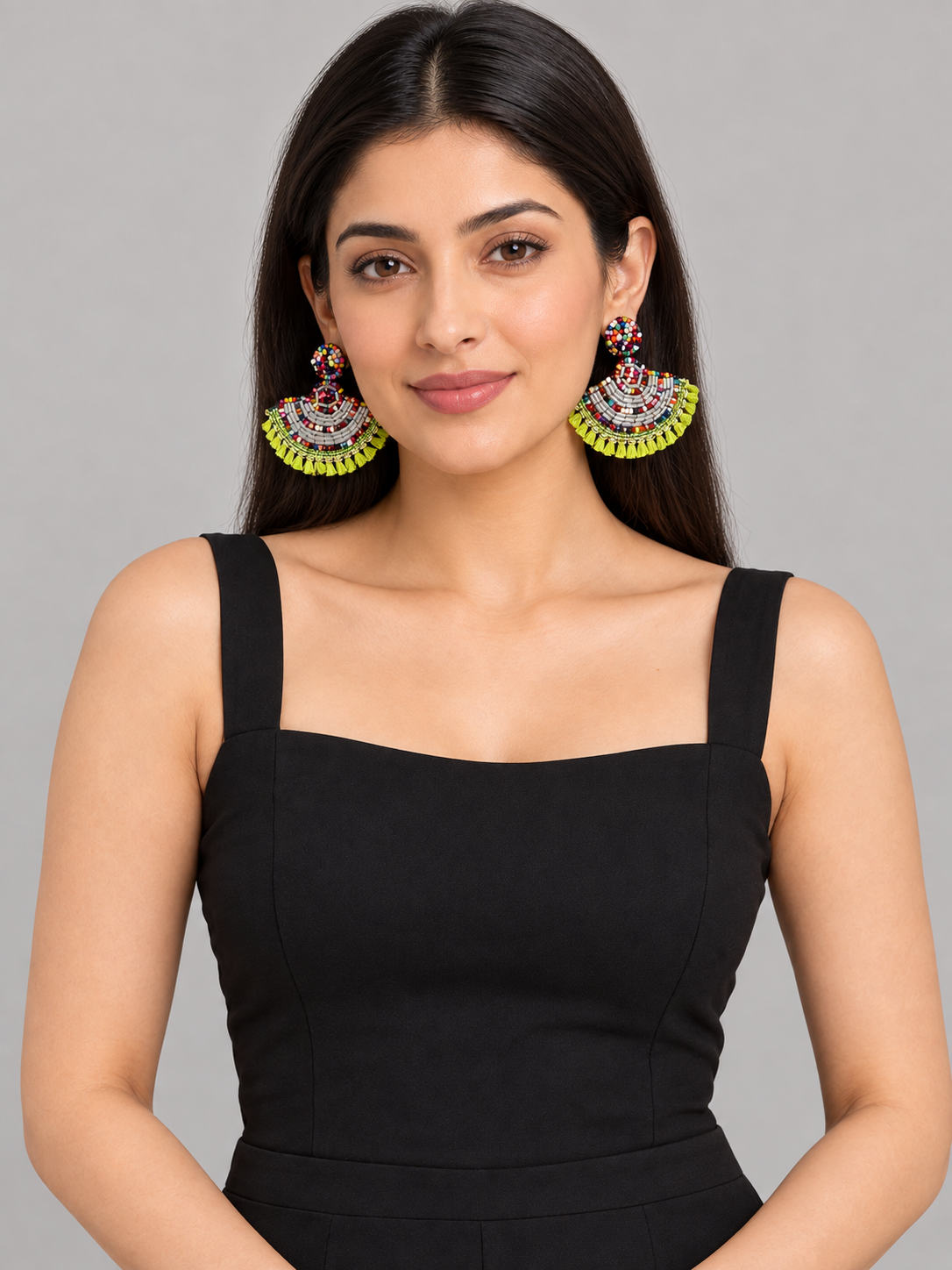 Multicolor Beaded Fan Earrings with Lime Green Tassels