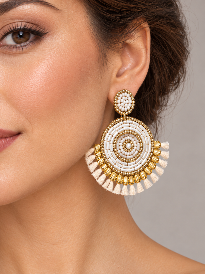 Ivory & Gold-Tone Beaded Tassel Statement Earrings - Multicolor