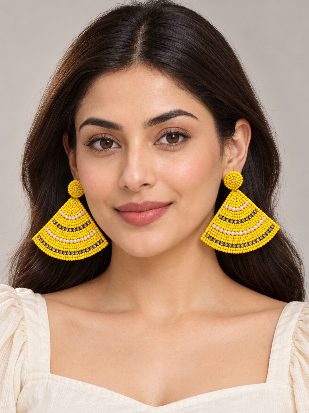 Yellow Beaded Fan Earrings with Pearl-Style & Sparkling Stone Accents
