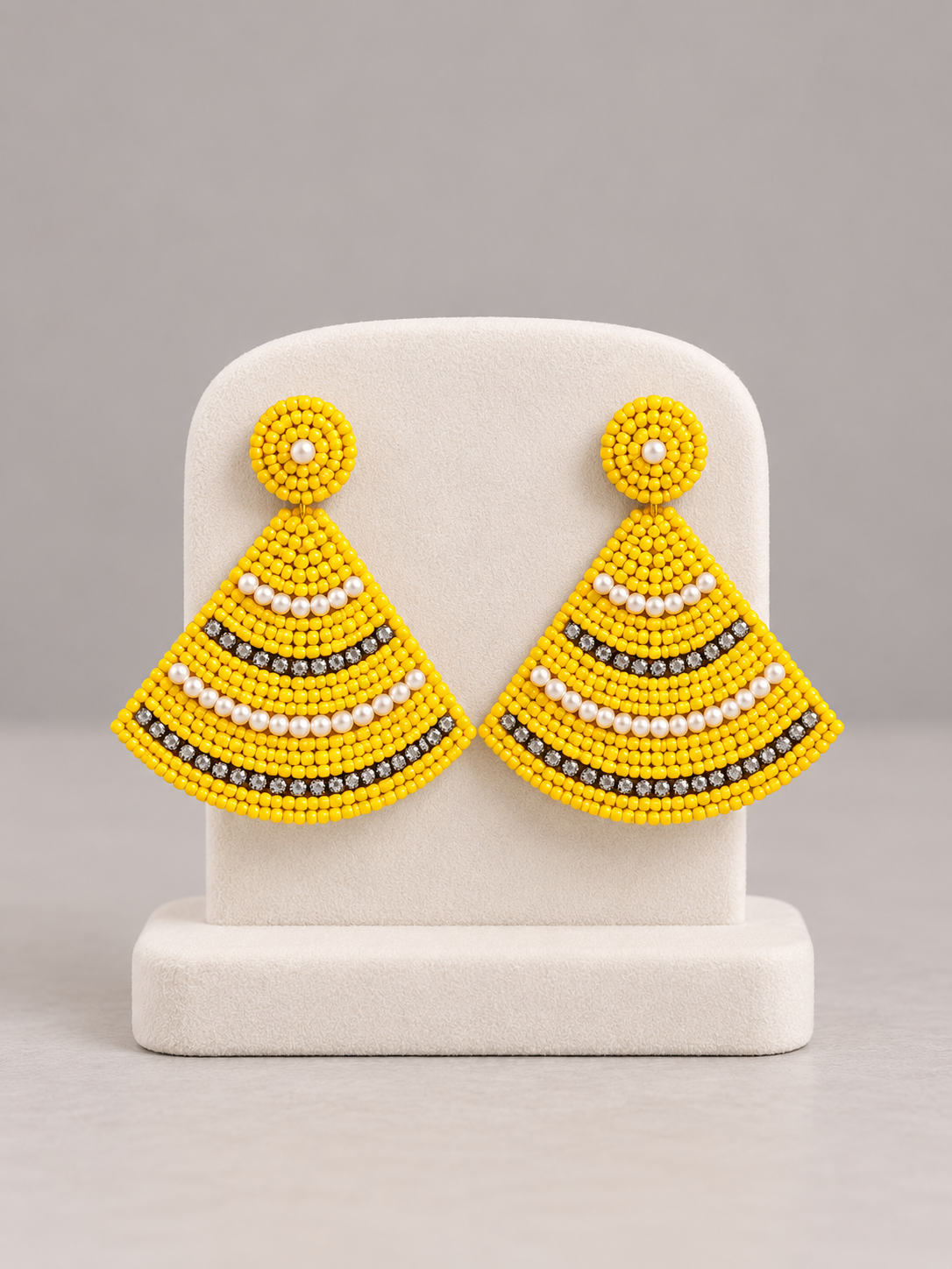 Yellow Beaded Fan Earrings with Pearl-Style & Sparkling Stone Accents