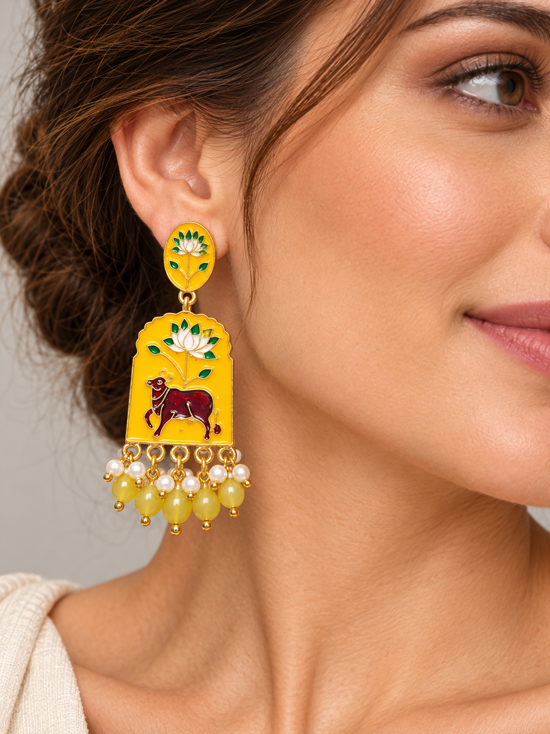 Yellow Lotus & Cow Motif Beaded Statement Earrings