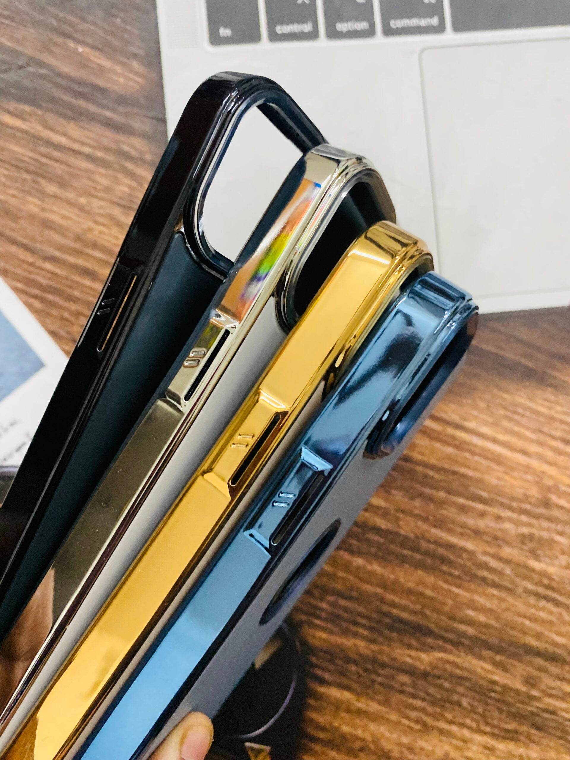 iPhone 13 Pro Premium Shockproof Scratch Proof Logo Cut Cover- Gold - Guleel