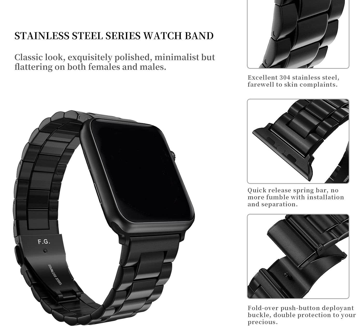 Premium Stainless Steel iWatch Band for Apple Watch Series 8/7/6/5/4/3/2/1/SE/SE2/Ultra - Black - Guleel