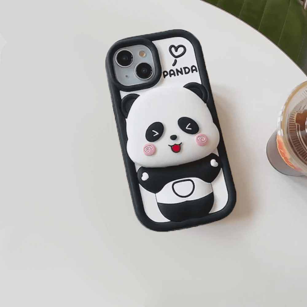 3D Cute Cartoon Panda Silicone Cover with Mirror Stand Case - Black - Guleel