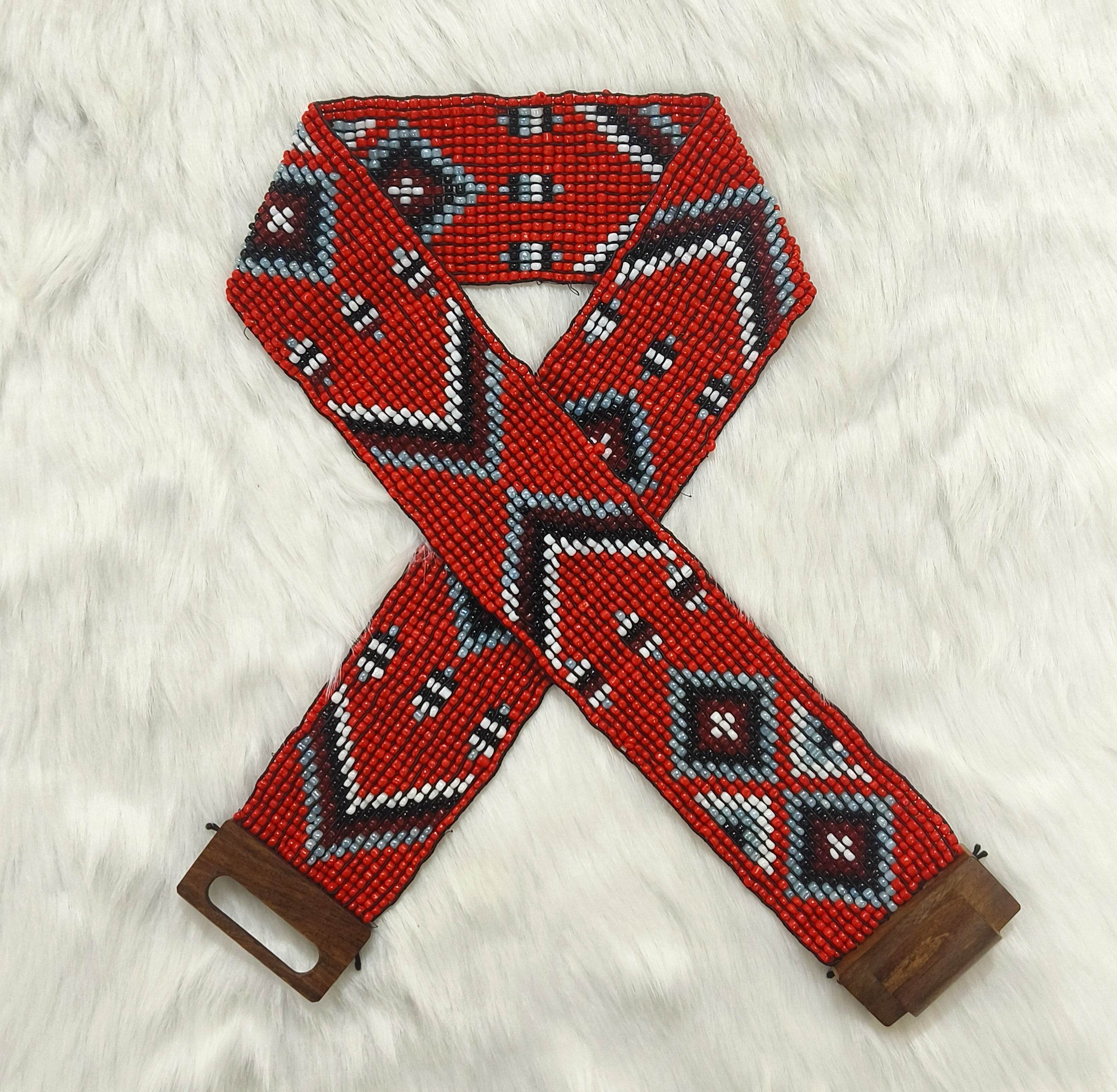 Handmade Stretchable Seed Beaded Belt with Wood Buckle Clasp - Red Black - Guleel