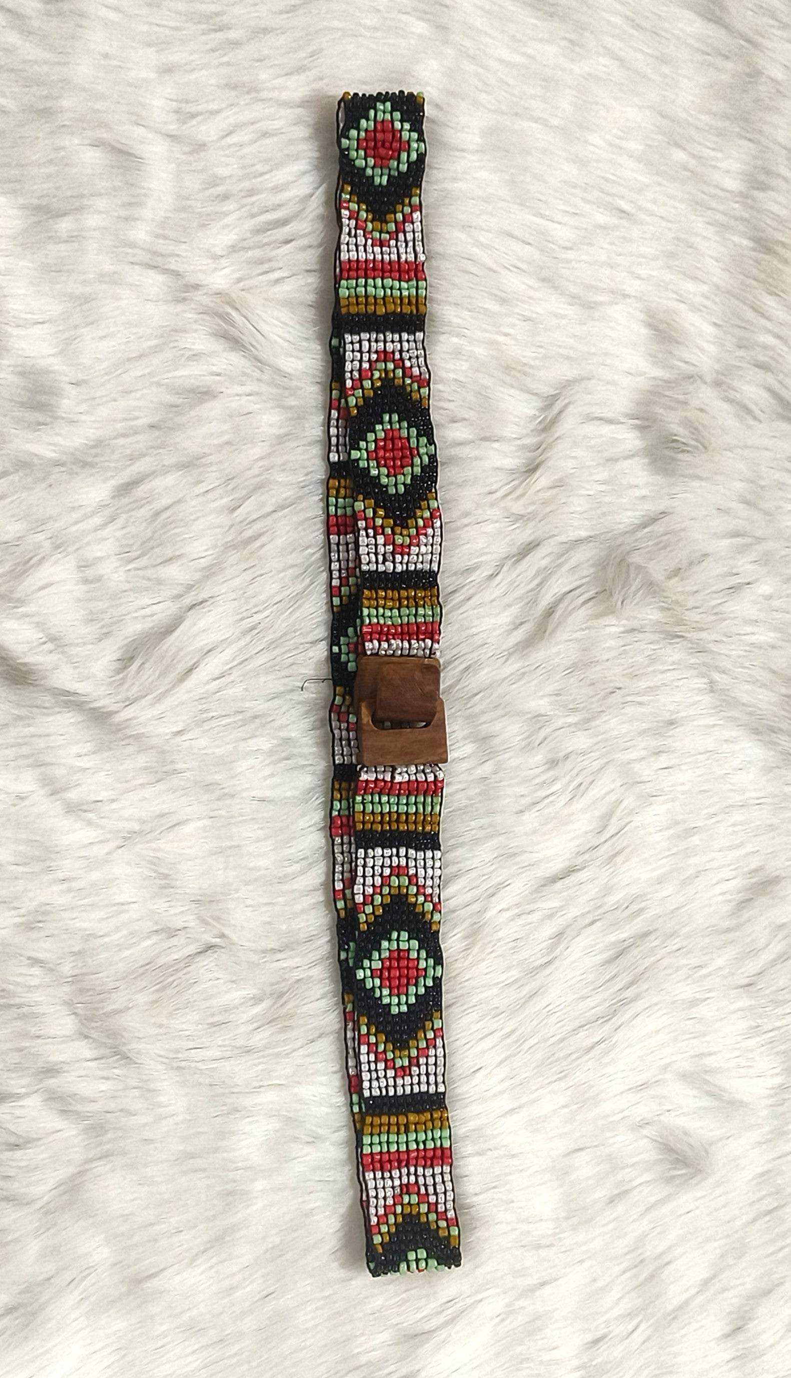 Handmade Stretchable Seed Beaded Belt with Wood Buckle Clasp - Multicolor - Guleel
