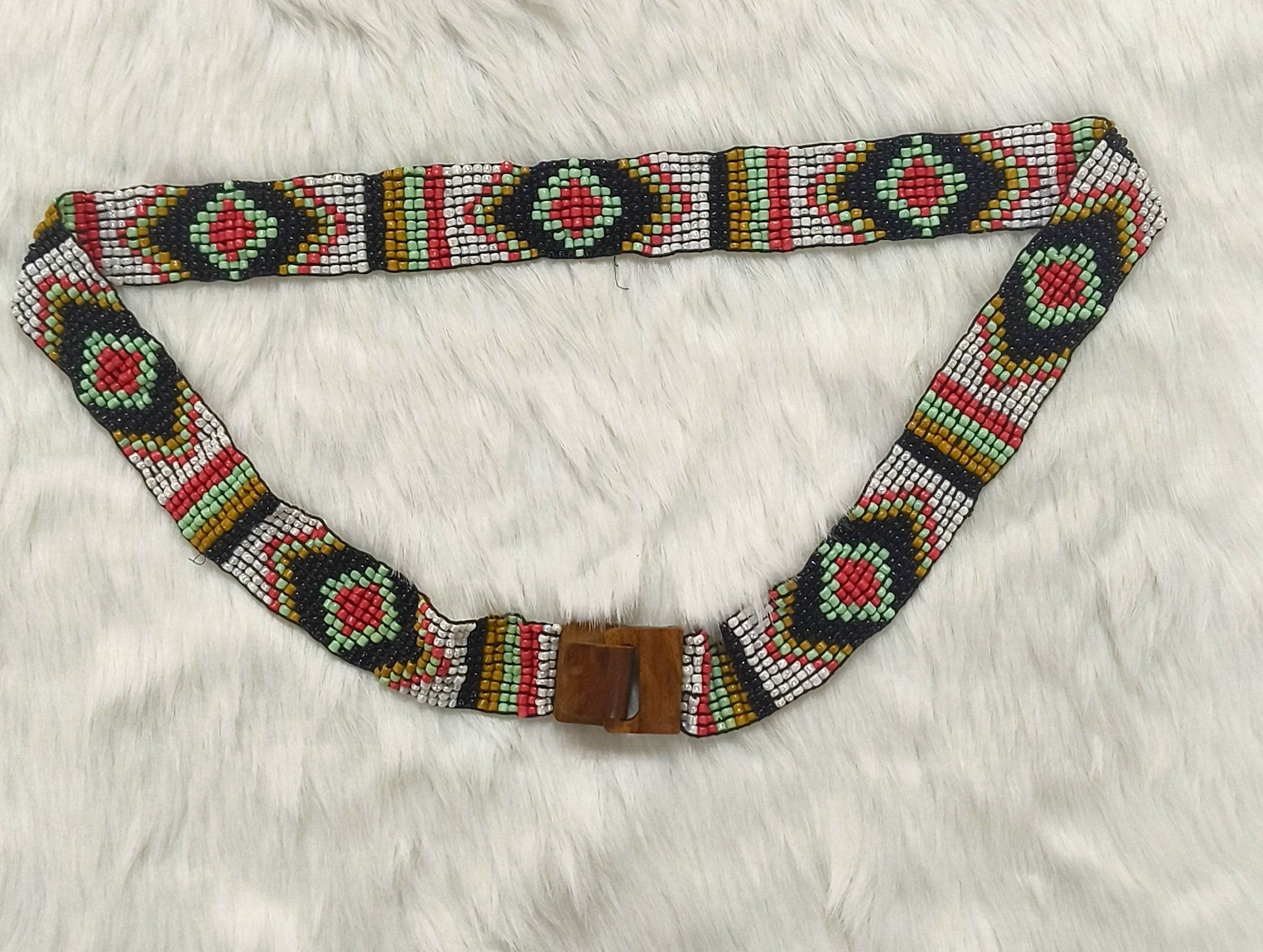 Handmade Stretchable Seed Beaded Belt with Wood Buckle Clasp - Multicolor - Guleel
