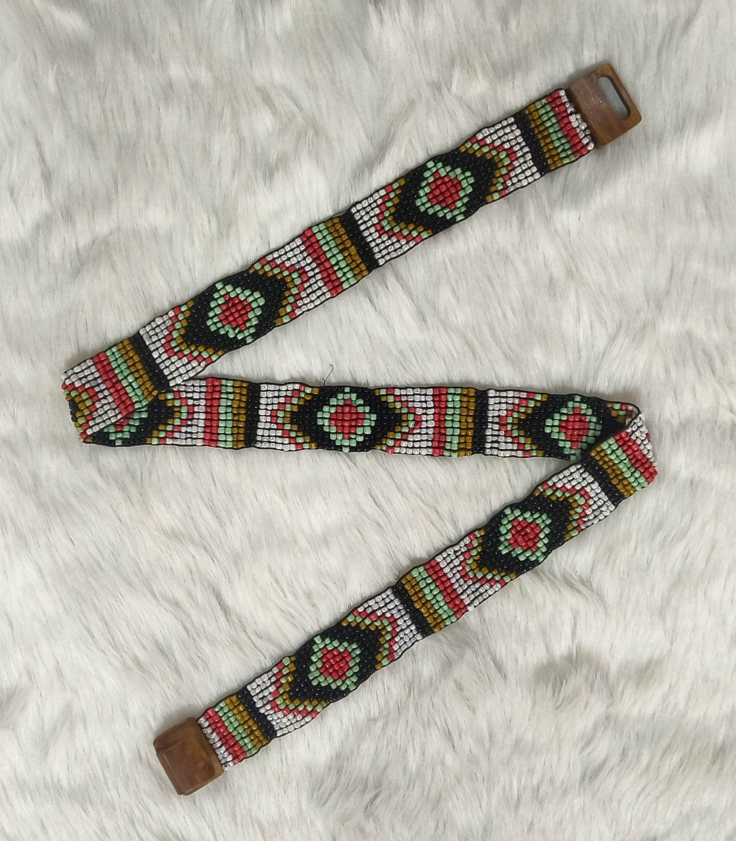 Handmade Stretchable Seed Beaded Belt with Wood Buckle Clasp - Multicolor - Guleel