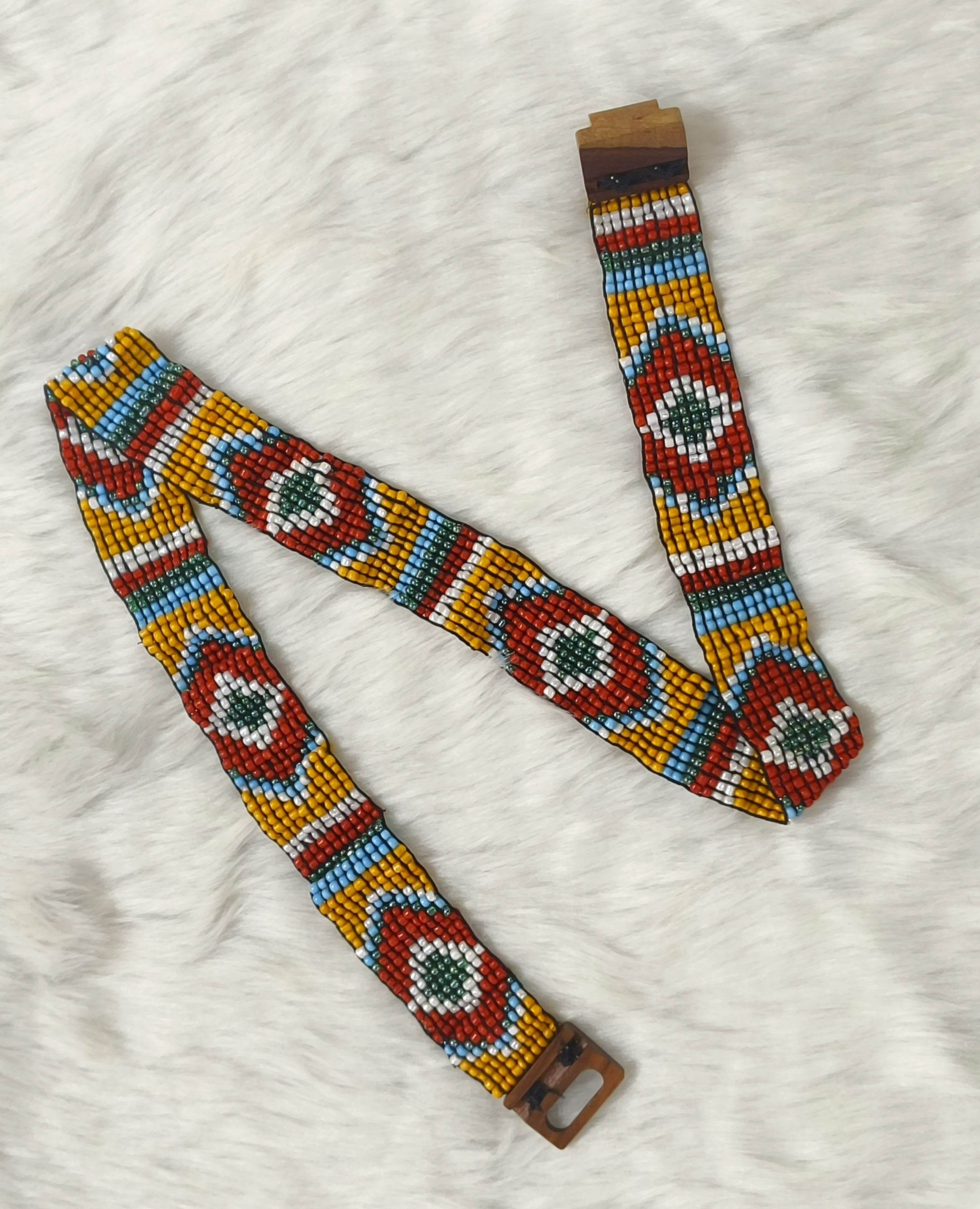 Handmade Stretchable Seed Beaded Belt with Wood Buckle Clasp - Yellow Red - Guleel