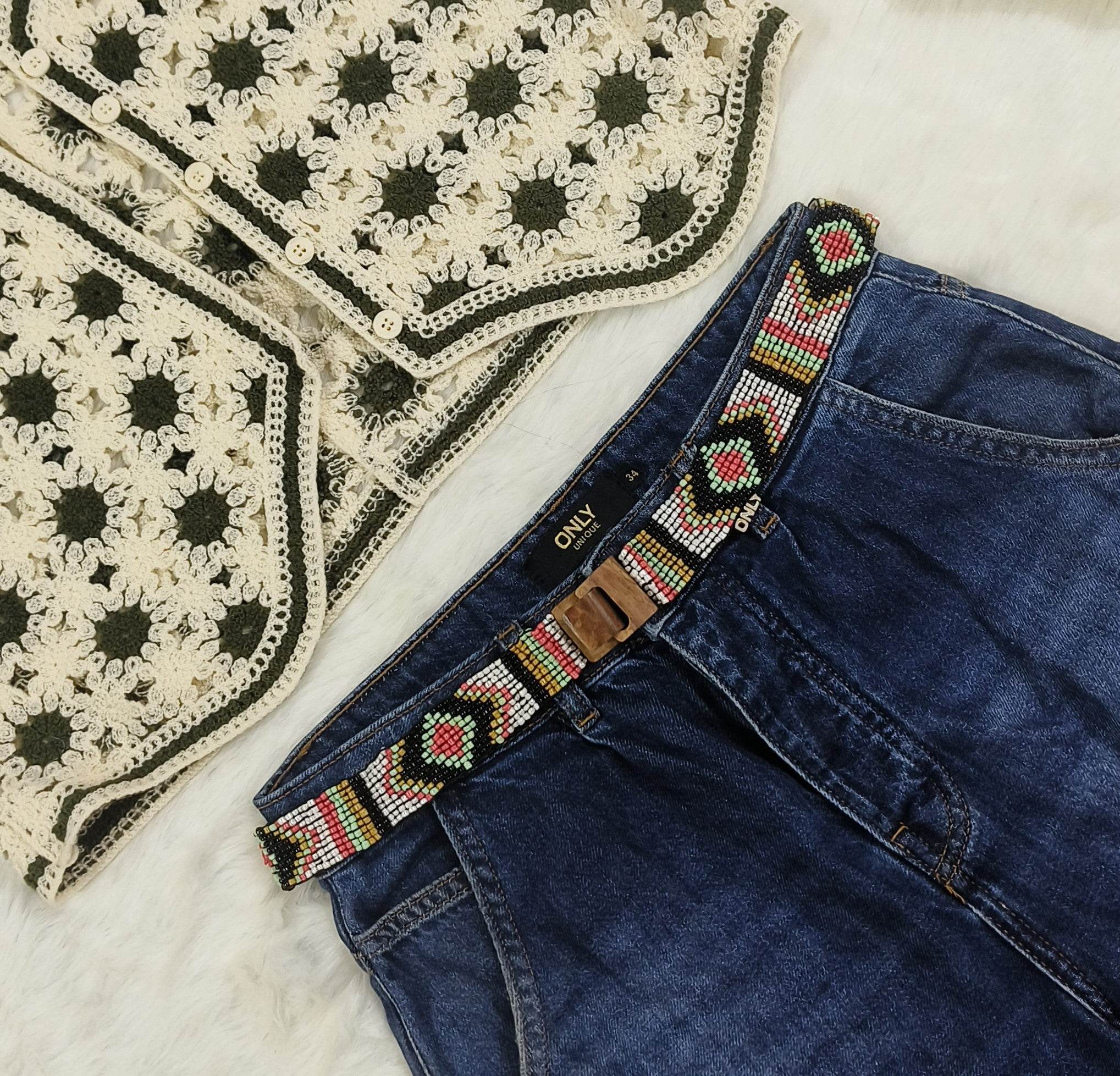 Handmade Stretchable Seed Beaded Belt with Wood Buckle Clasp - Multicolor - Guleel