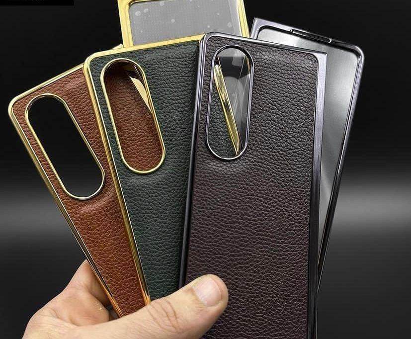 Galaxy Z Fold 4 Premium Leather Wallet Flip Shockproof Case with FREE Front Glass - Brown - Guleel