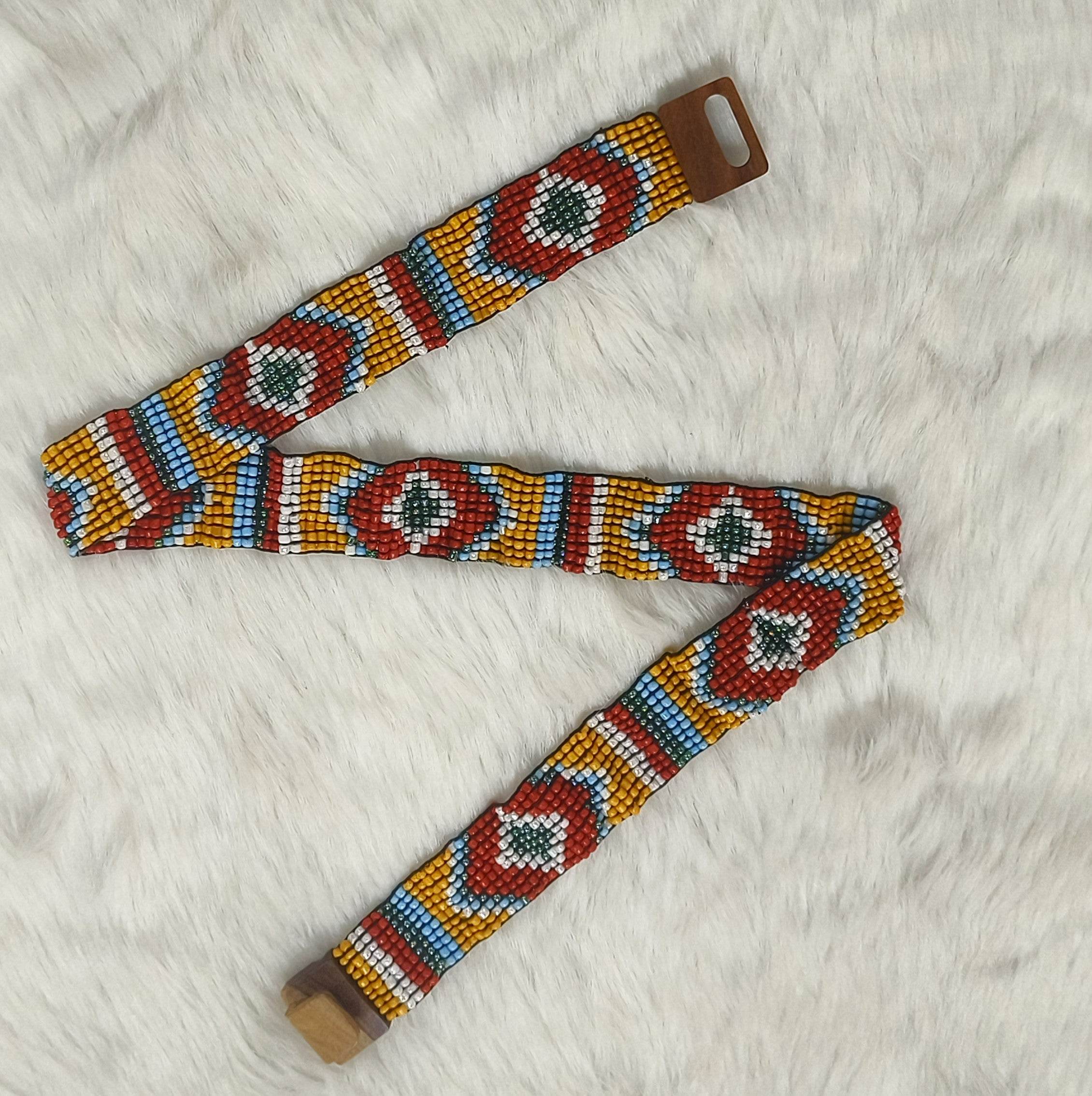 Handmade Stretchable Seed Beaded Belt with Wood Buckle Clasp - Yellow Red - Guleel