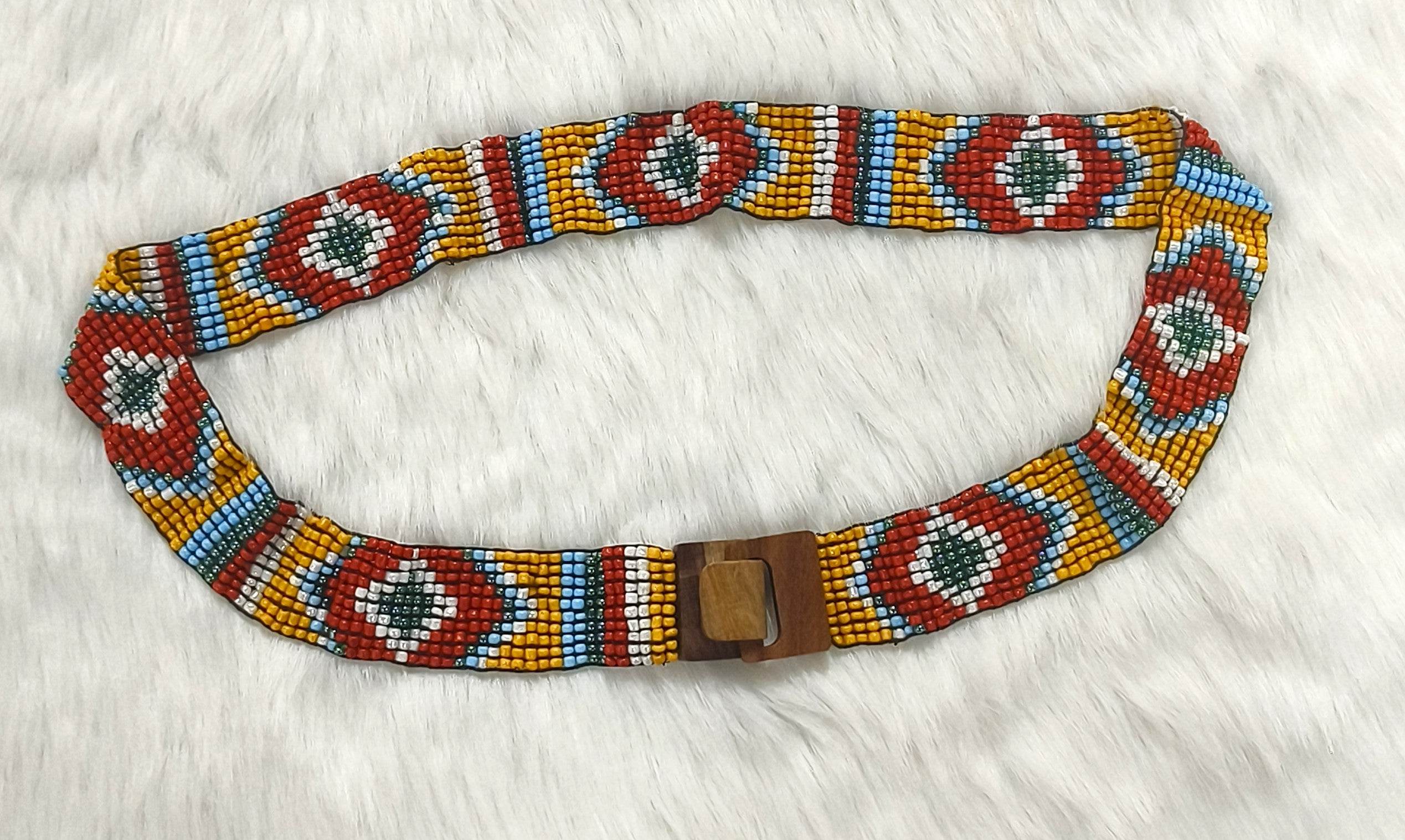 Handmade Stretchable Seed Beaded Belt with Wood Buckle Clasp - Yellow Red - Guleel