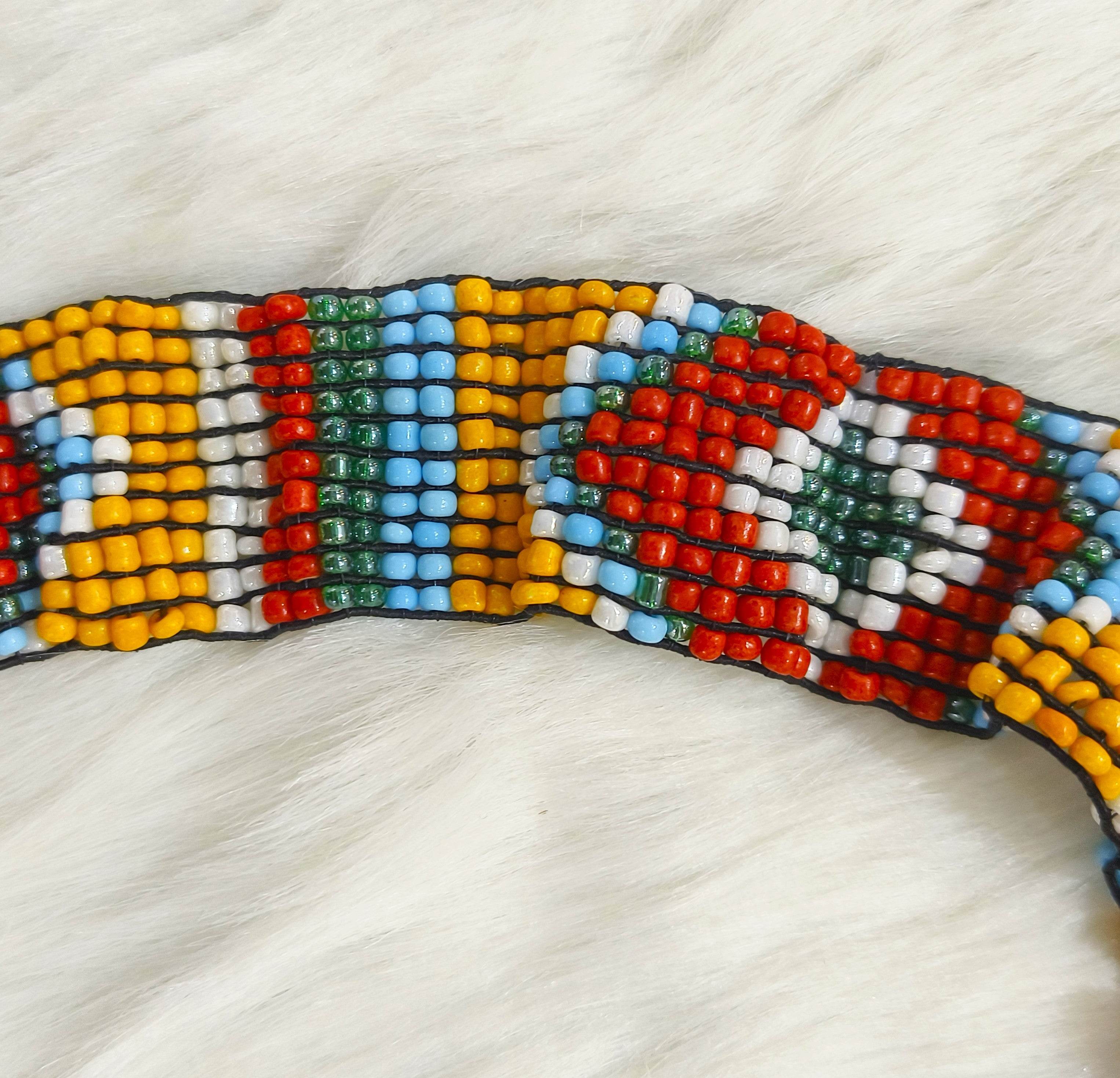 Handmade Stretchable Seed Beaded Belt with Wood Buckle Clasp - Yellow Red - Guleel
