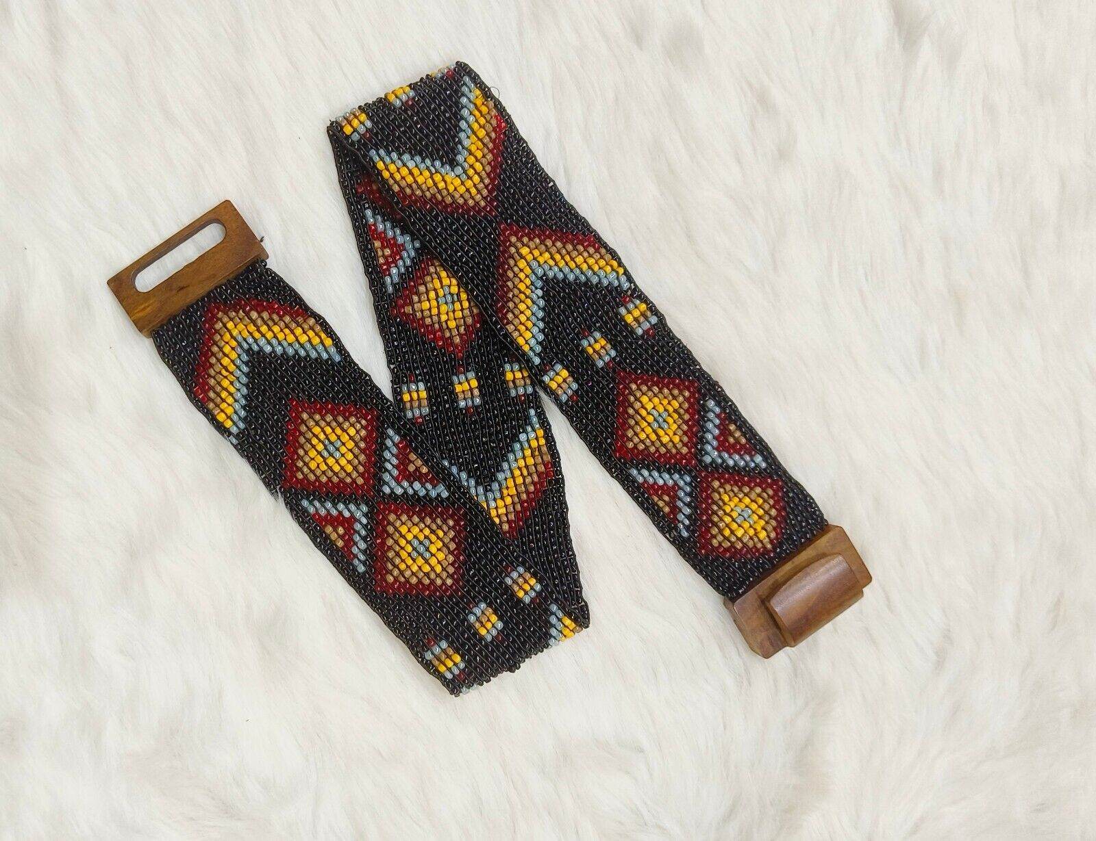 Handmade Stretchable Seed Beaded Belt with Wood Buckle Clasp - Black - Guleel